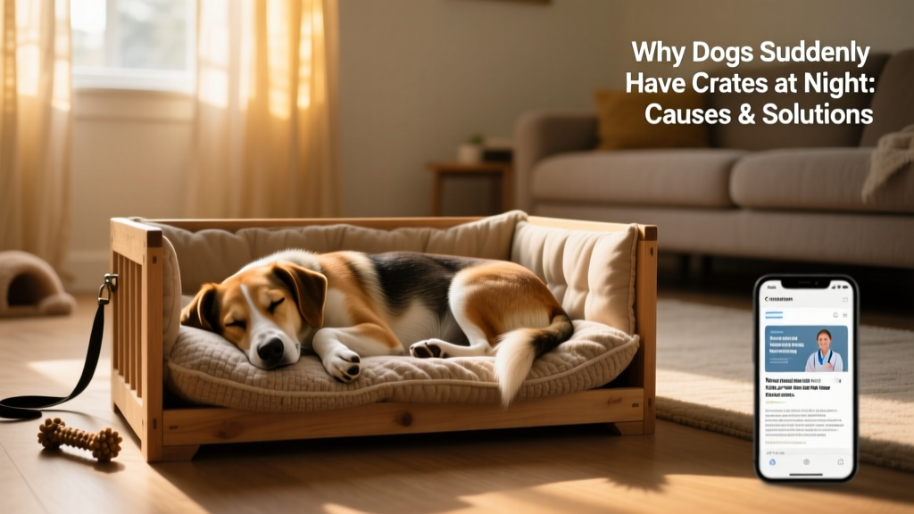A calm, relaxed dog sleeping comfortably in a well-padded crate with soft lighting