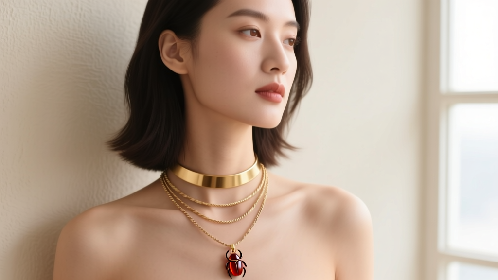 Woman wearing a layered necklace stack with a small carnelian scarab pendant on a 16-inch cable chain and a 14-inch gold choker