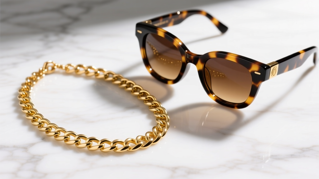 A luxurious 14k gold-filled necklace sunglasses chain resting beside tortoiseshell sunglasses on a bright white marble surface