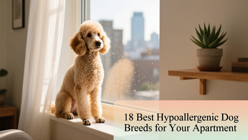 A calm, well-groomed Poodle sitting beside a cozy apartment window with sunlight streaming in