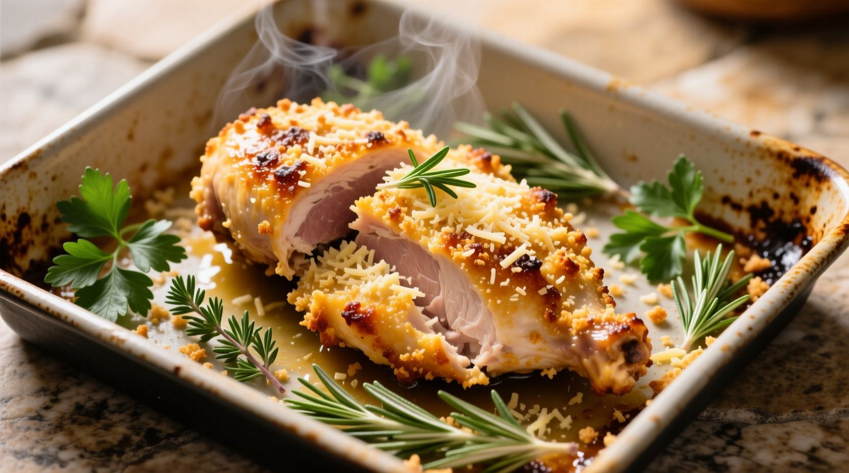 Golden parmesan crusted chicken on baking sheet with fresh herbs