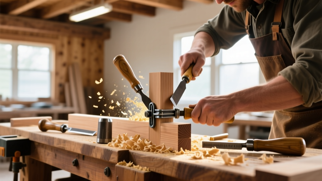 Carpenter assembling a complex mortise and tenon wood joint on a workbench with hand tools, clamps, and wood shavings visible in a bright workshop