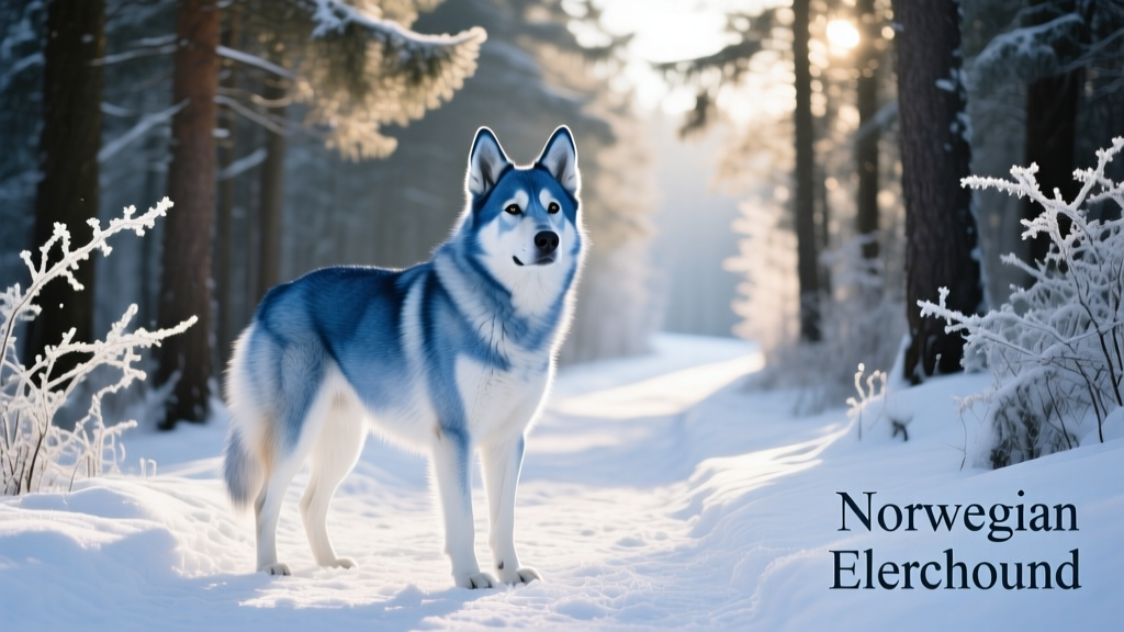 A blue Norwegian Elkhound standing proudly on a snowy forest path