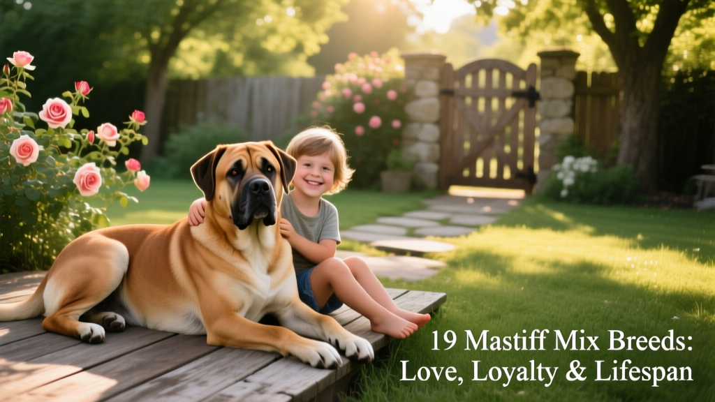 A calm, muscular Mastiff mix resting beside a child in a sunlit backyard