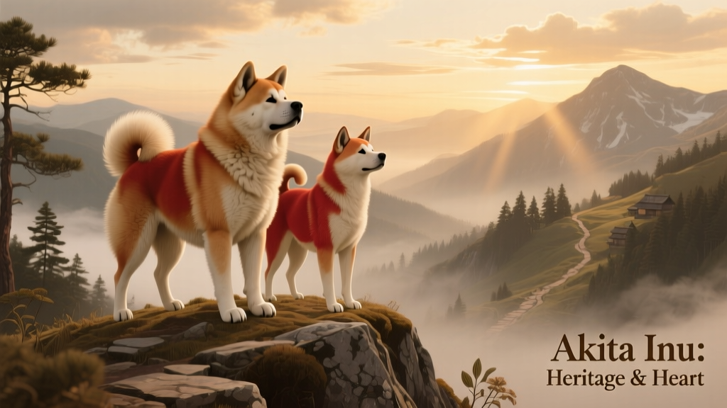 Historical illustration showing traditional Japanese Akitas in mountainous terrain, evoking their working heritage
