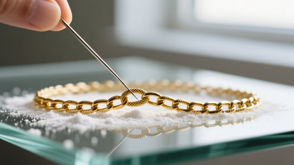 Macro shot of a fine sewing needle gently separating a knotted gold snake chain on a glass surface dusted with white cornstarch.