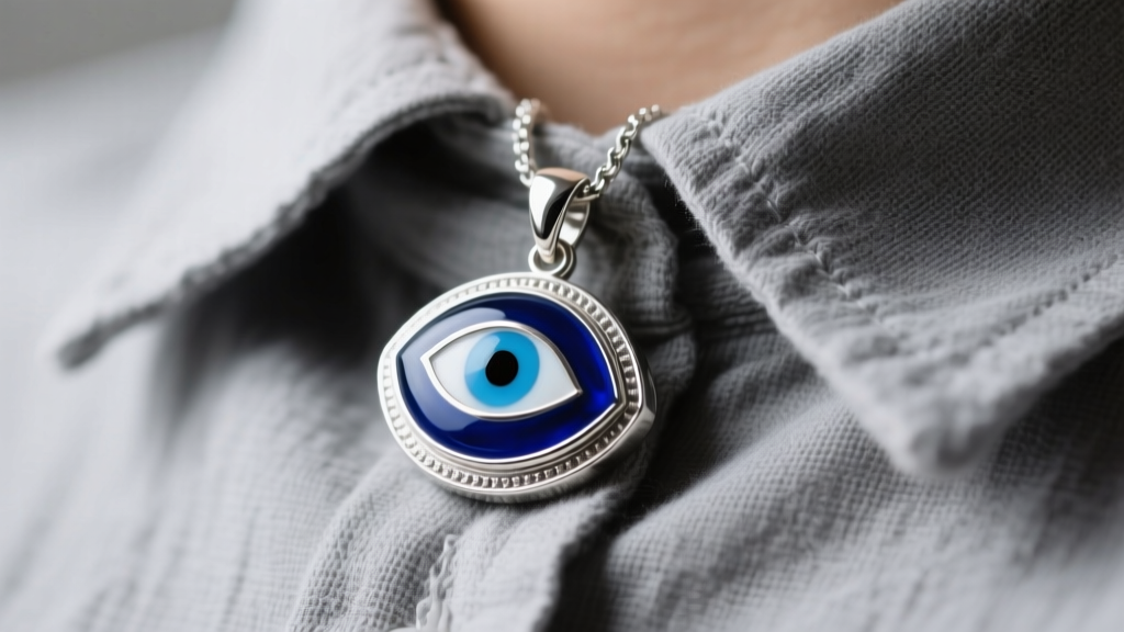 Sterling silver evil eye pendant with blue enamel and onyx center resting on a grey linen shirt collar in soft studio light