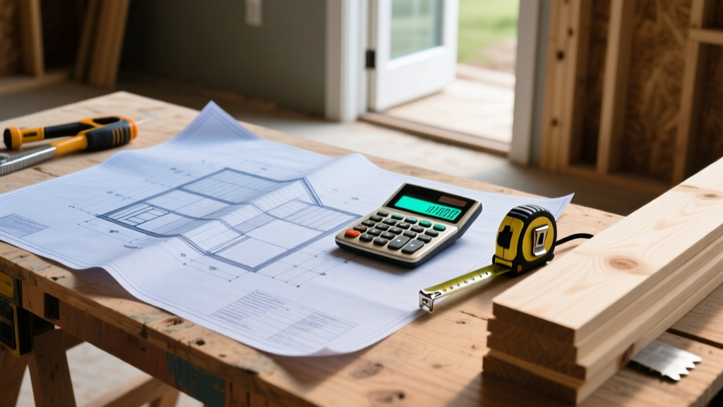 Blueprints on a plywood table next to a calculator, tape measure, and stacked framing lumber at a residential build site