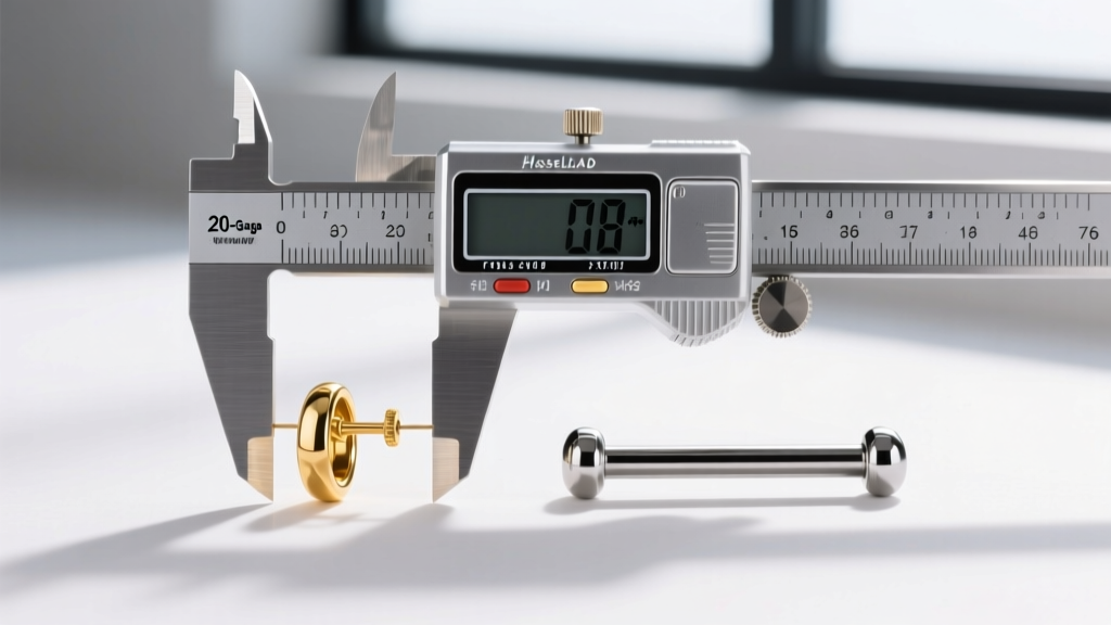 Digital caliper measuring a 20-gauge gold earring post next to a 16-gauge titanium barbell for a precise scale comparison.