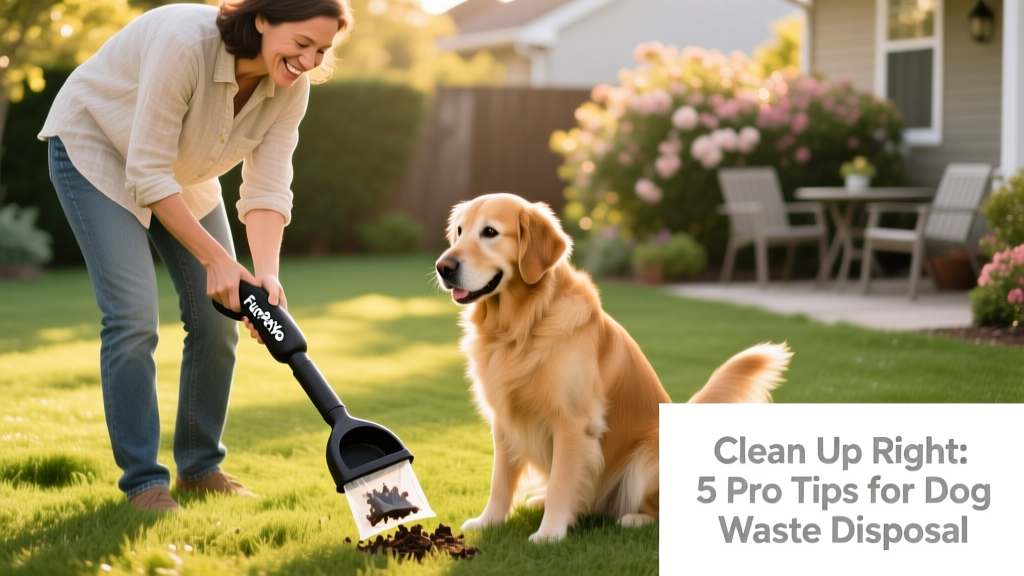 Dog owner using a FurPetVo hands-free scoop tool to lift waste from a backyard lawn