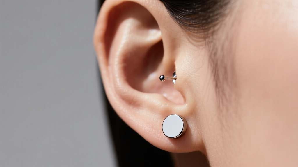 Side profile of an earlobe showing a fitted 8mm titanium earring post with a flat back disc resting flush against the skin.