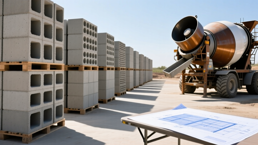 Pallets of hollow and solid concrete masonry units stacked on a construction site with a cement mixer and blueprints visible