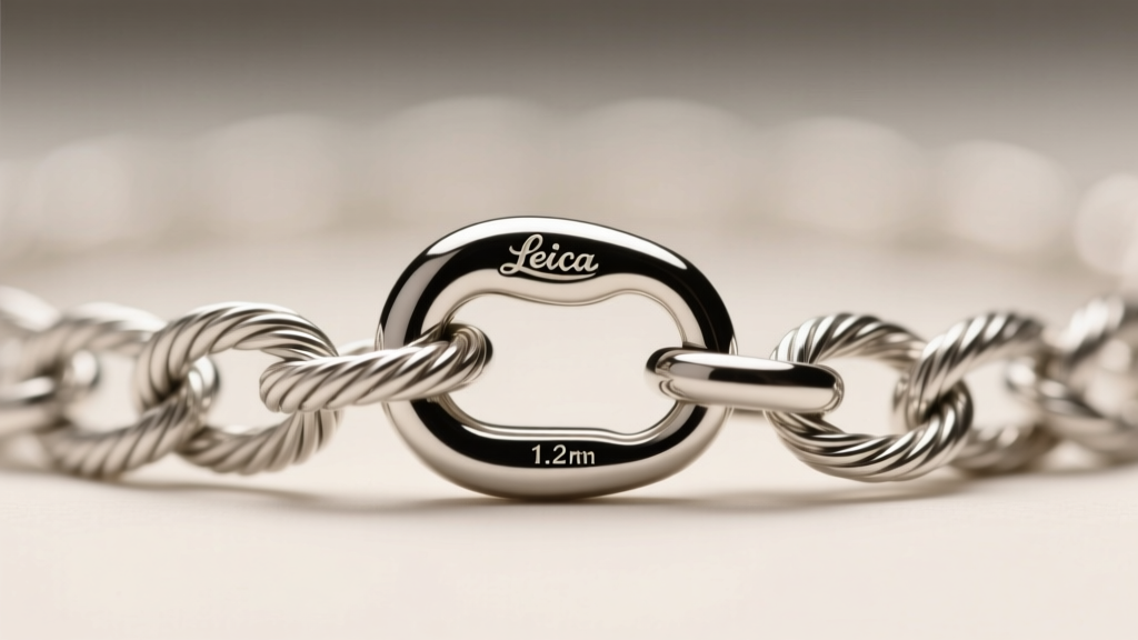 Macro shot of a 1.2mm sterling silver cable chain and lobster clasp showing soldered jump rings against a soft blur background