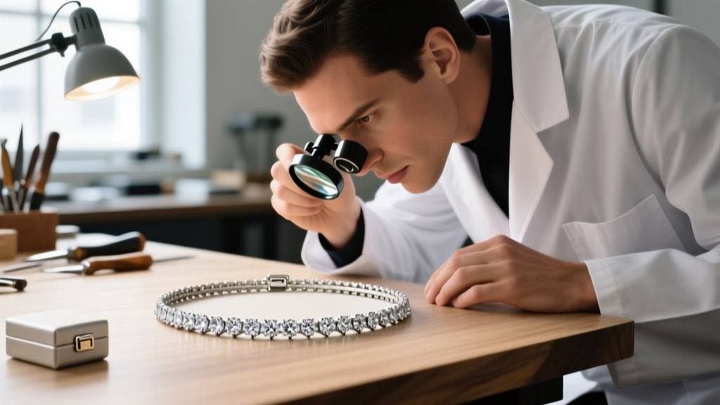 Jeweler using a loupe to inspect the intricate box clasp and safety latch of a platinum diamond tennis necklace on a workbench