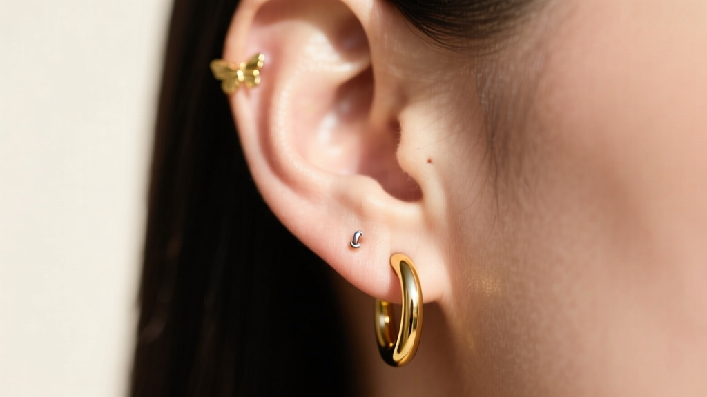 Close-up of ear wearing threadless 14k gold huggies, showing seamless closure and clean earlobe without bulky butterfly clutches.