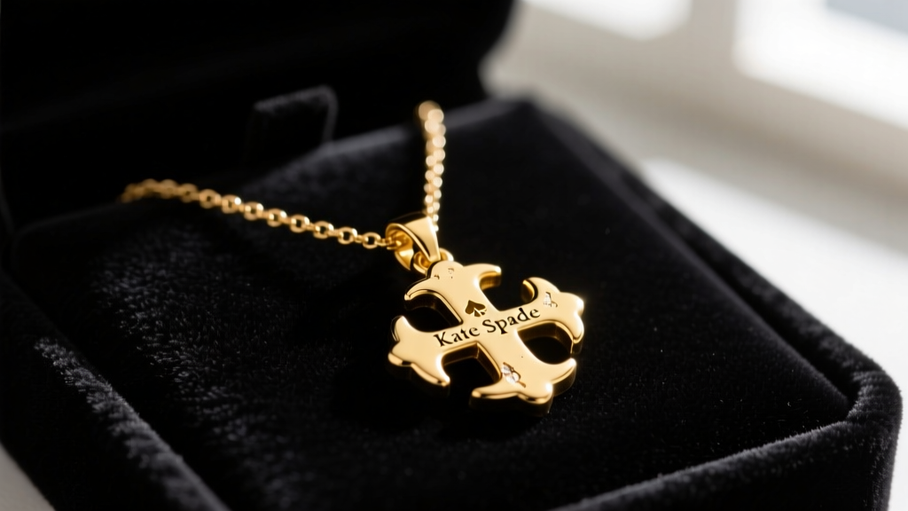 Close-up of a gold-plated Kate Spade initial pendant necklace resting on dark velvet, showing slight wear on the edges.