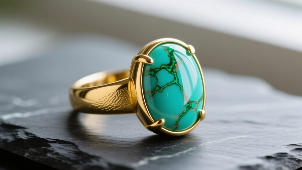 Close-up of a polished Carico Lake green turquoise cabochon set in a thick 14k yellow gold bezel ring, resting on dark slate.
