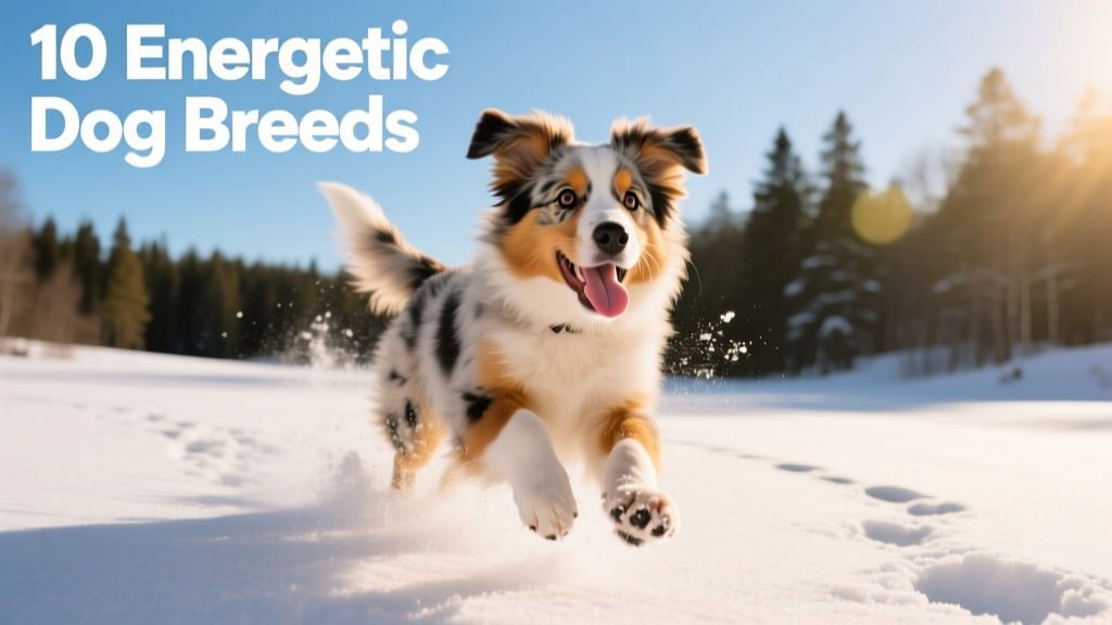 Happy Australian Shepherd puppy joyfully running in fresh winter snow