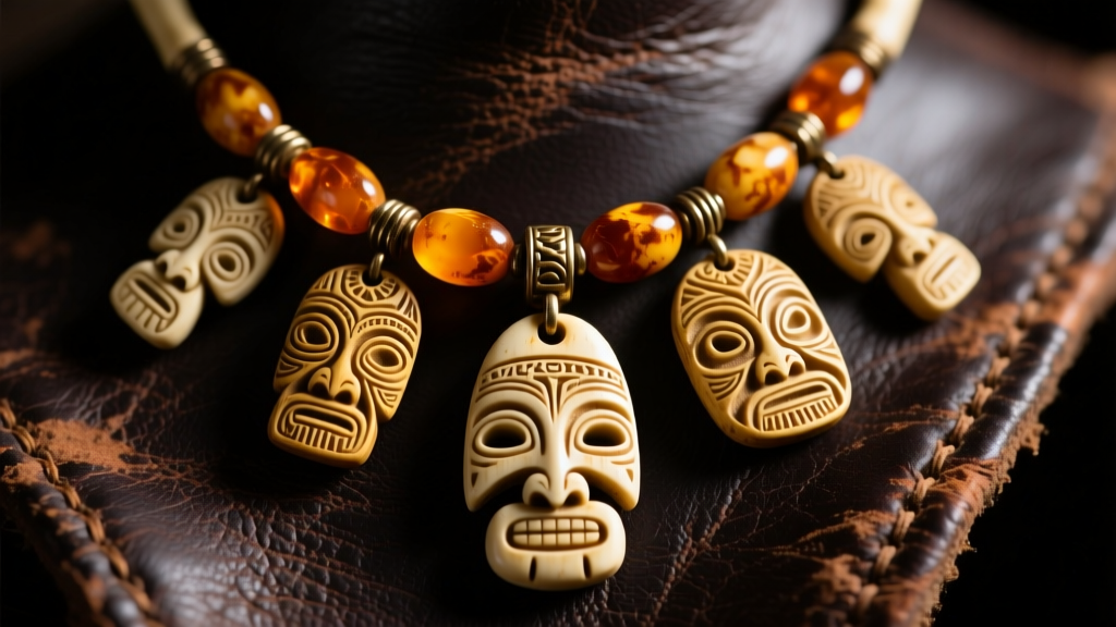 Close-up of a vintage bone necklace with ambered patina, hand-carved tribal pendants resting on dark distressed leather background.