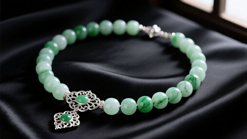 Vintage Chinese necklace featuring carved pale green jadeite beads and silver filigree clasps resting flat on dark silk