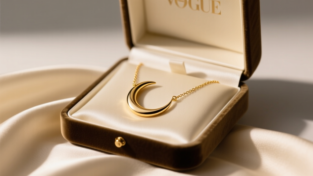 Open velvet box showing a 14k solid gold moon crescent necklace resting on cream silk fabric under warm, soft ambient lighting