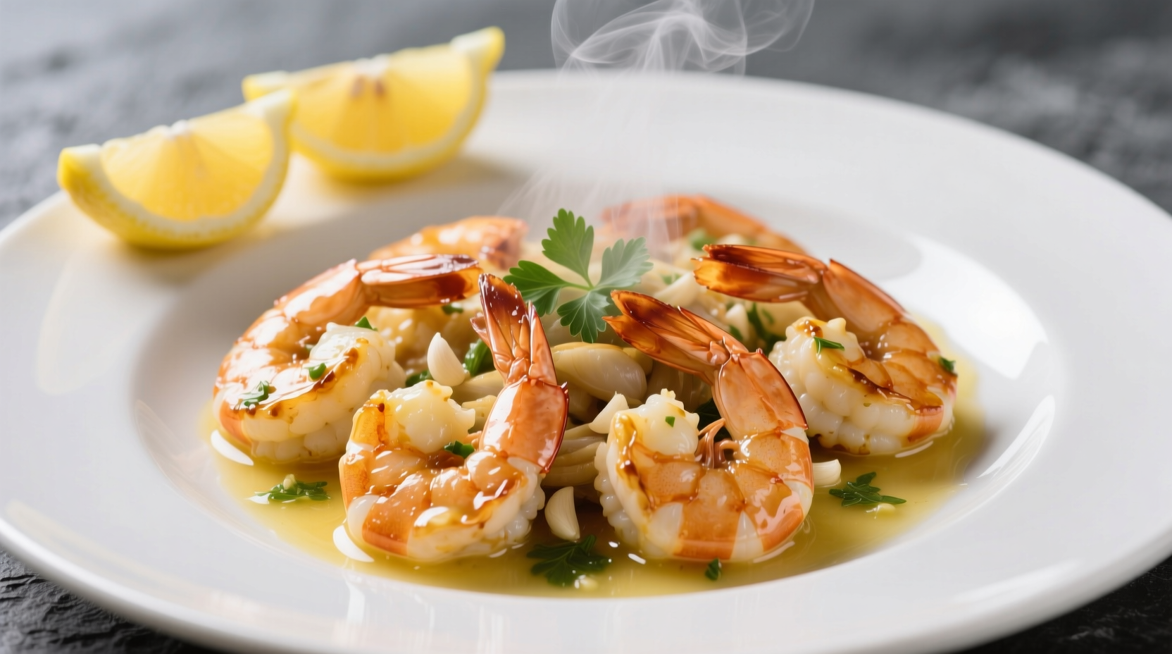 Perfectly cooked garlic butter shrimp scampi with lemon wedges