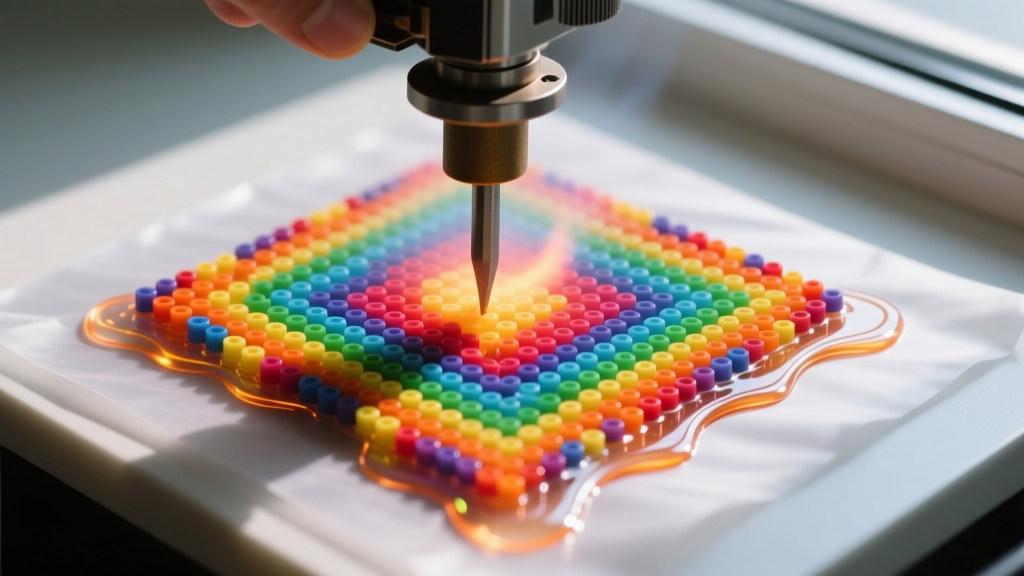 Overhead view of an iron pressing Teflon over a perler bead array, revealing partial melting and glossy fusion on the outer edges.