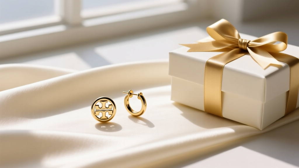 Elegant flat lay of gold-tone Tory Burch Miller small hoop earrings resting on cream silk fabric next to a wrapped gift box