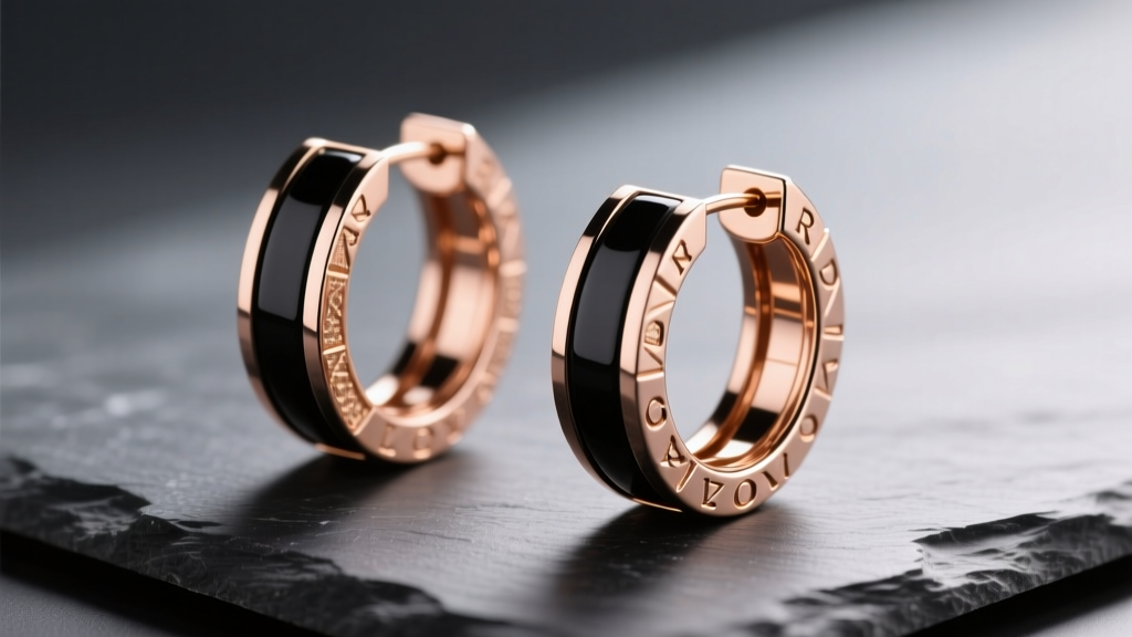 Close-up of 18k rose gold Bvlgari B.zero1 hoop earrings on dark slate, highlighting the black ceramic inlay and polished gold edges.