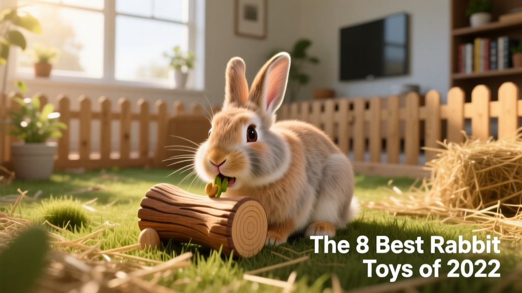 Rabbit happily chewing on a natural wood toy inside a spacious enclosure