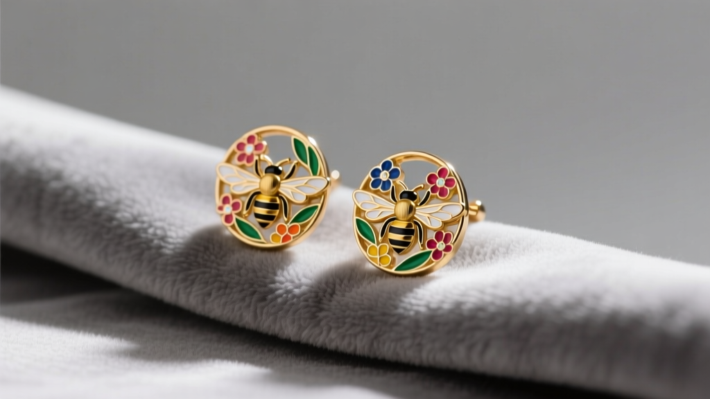 Gold-plated Olivia Burton bee and floral enamel earrings resting on soft grey velvet cloth under diffused natural light