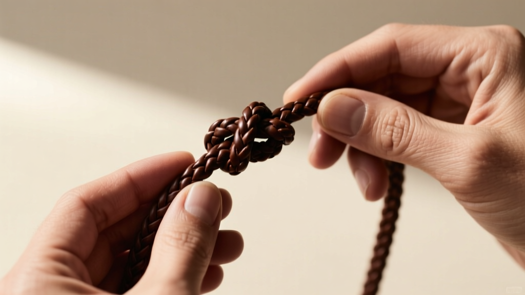 Close-up of hands tying a sliding macrame slip knot on a dark brown braided leather cord, highlighting the texture and tension.
