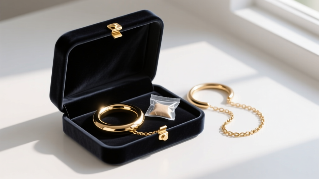 Open velvet box holding polished gold stainless steel hoops and a chain, stored alongside small anti-tarnish silica gel packets