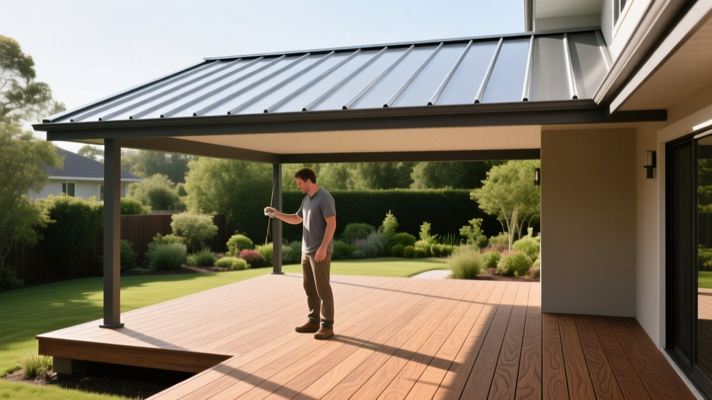Homeowner inspecting a capped composite deck surface and an aluminum standing-seam patio cover roof for annual maintenance needs