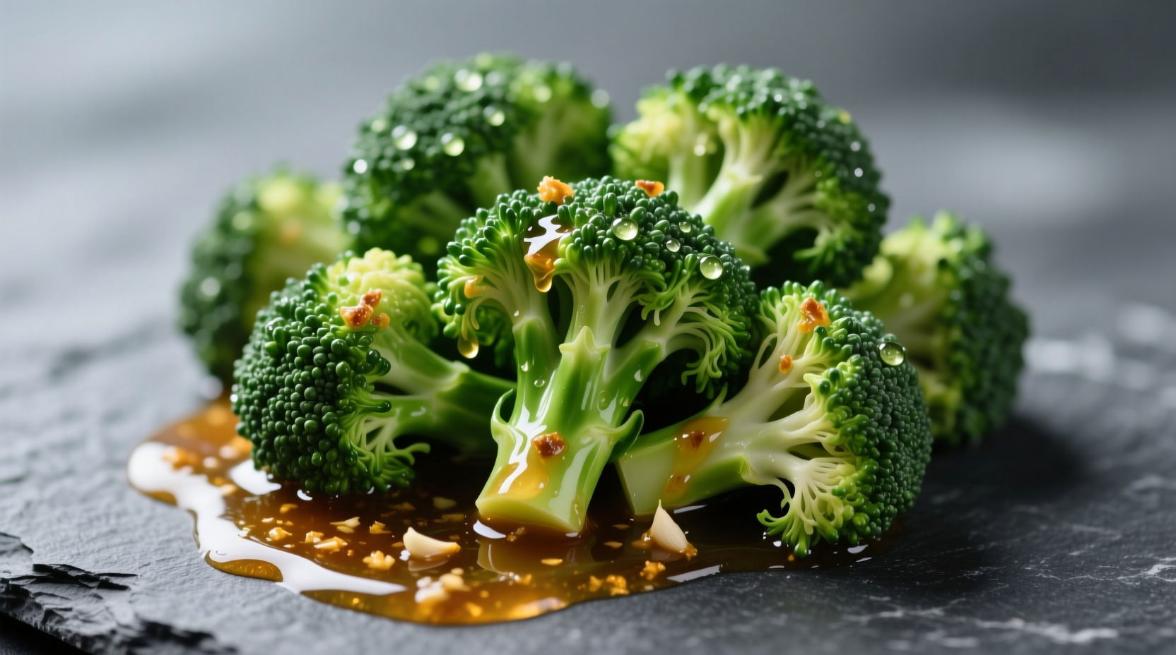 Crisp broccoli florets in glossy garlic sauce