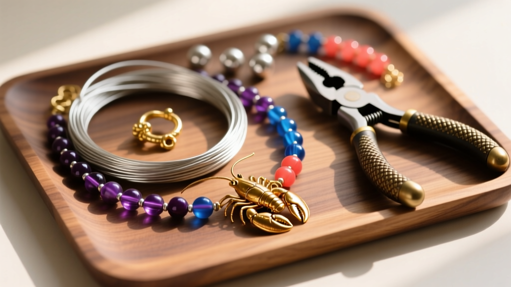 Flat lay of a DIY beaded necklace kit with 49-strand wire, crimp tubes, a gold lobster clasp, and crimping pliers on a wooden mat.