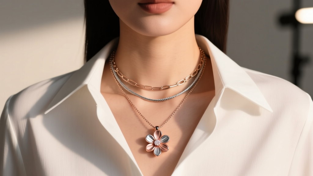 Woman wearing a layered necklace stack with a 12mm floral pendant on an 18-inch cable chain over a crisp white collared blouse.