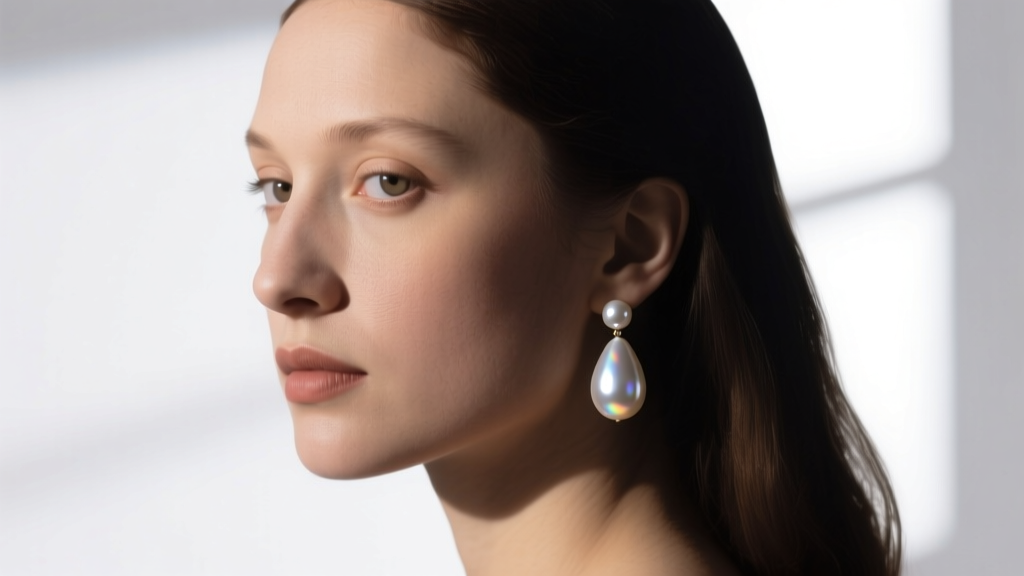 Studio portrait of a woman wearing a single large teardrop pearl drop earring, echoing Vermeer chiaroscuro lighting style