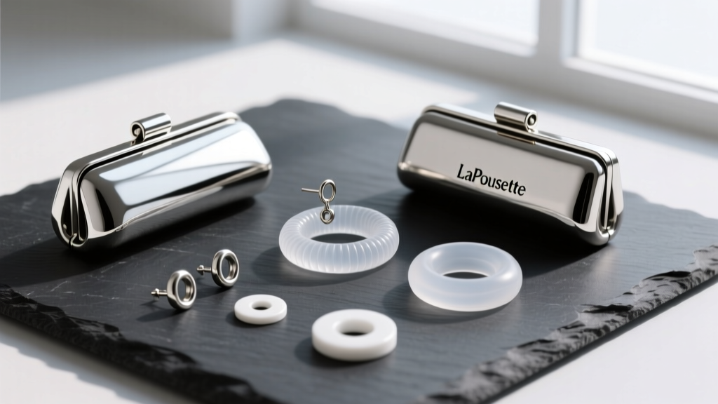 Flat lay of earring backs including LaPousette metal clutches, clear silicone O-rings, and Teflon washers on a dark slate surface.