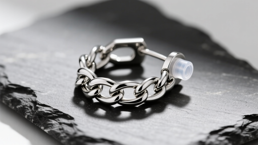 Macro shot of a silver box chain suspender earring on slate, showing 24-gauge links and a clear silicone friction back stopper.