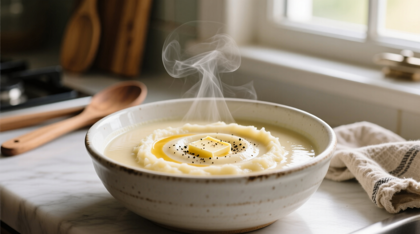Creamy instant mashed potato soup in white bowl