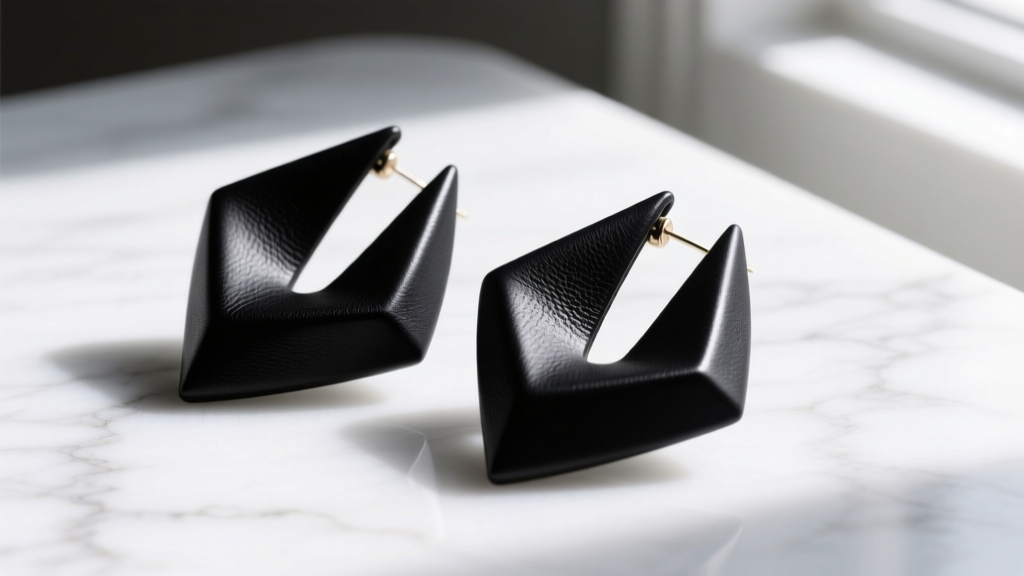 Close-up of oversized geometric fake leather earrings in matte black resting on a white marble surface with soft natural lighting