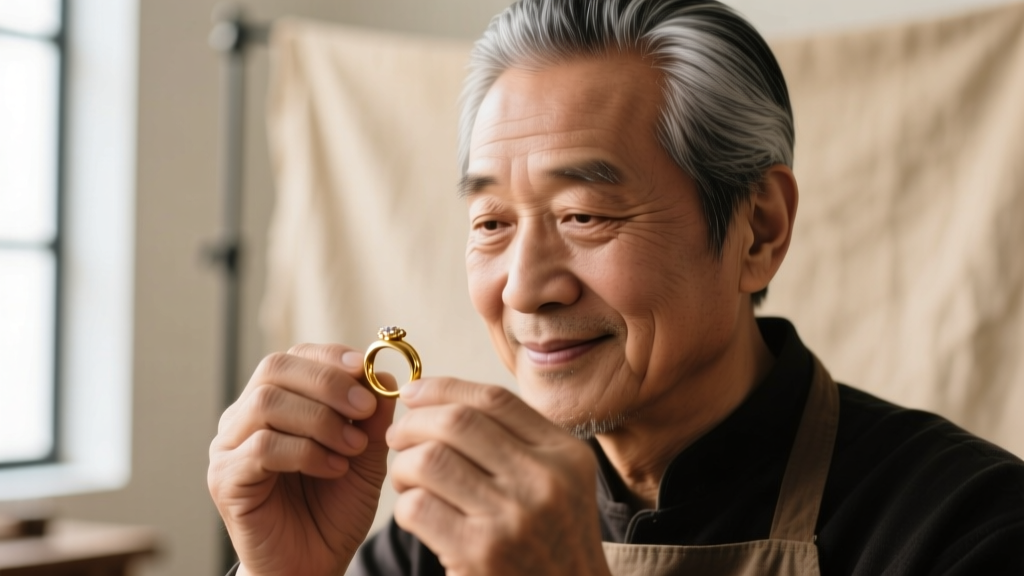 Close-up of jeweler's hands using nylon-jaw pliers to straighten a bent 20-gauge 14k gold earring post on a dark velvet mat.