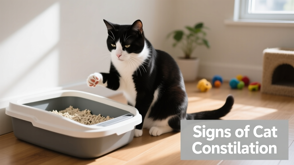 Cat sitting near a clean, accessible litter box with visible discomfort