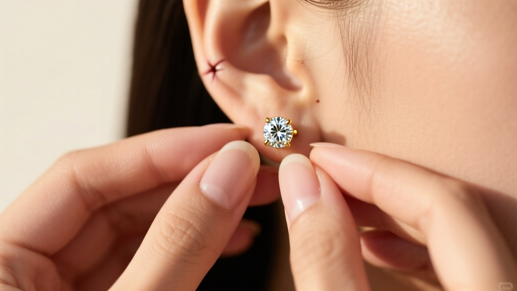 Close-up of hands gently holding a 14k gold diamond stud earring, preparing to remove it from a healed earlobe under soft lighting.