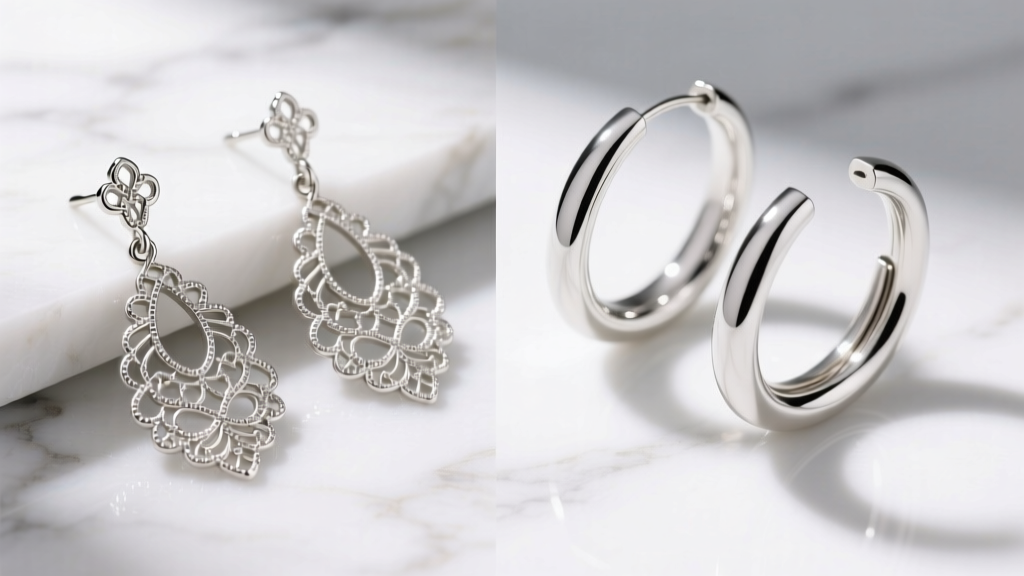 Side-by-side view of ornate silver filigree drop earrings and modern sterling silver hoops on a clean white marble surface.