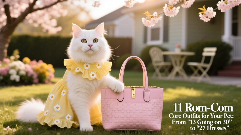A fluffy white cat wearing a yellow ruffled dress with daisies, sitting beside a pastel pink tote bag
