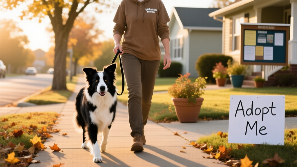 A volunteer gently walking a Border Collie on a quiet neighborhood street during golden-hour light