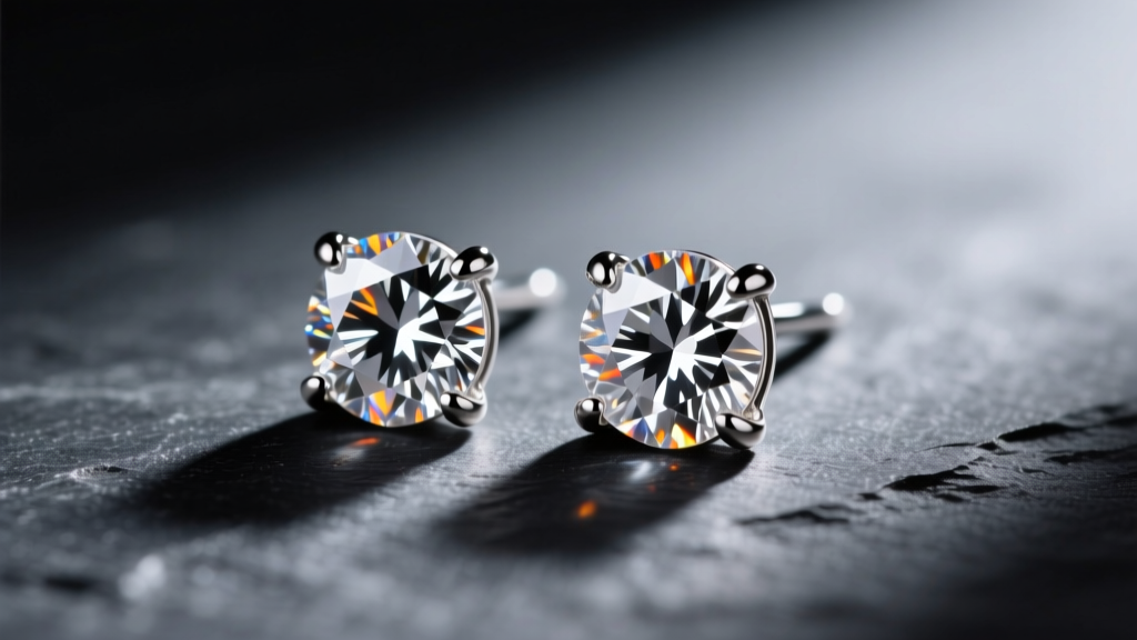 Macro shot of 0.50ct round brilliant diamond stud earrings in platinum 4-prong settings on dark slate with dramatic side lighting