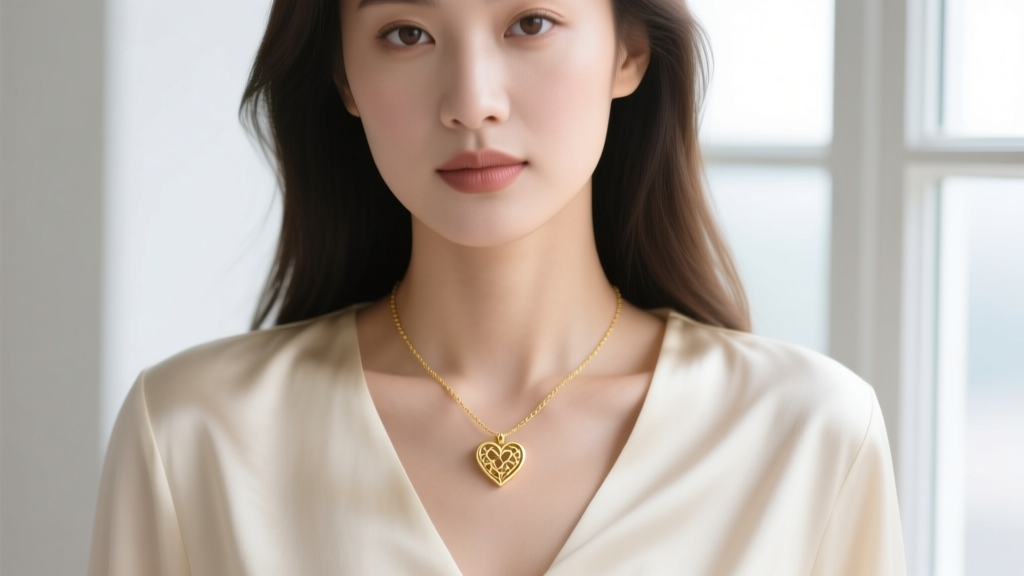 Close-up of a woman wearing a 14k gold dainty heart necklace resting perfectly on her collarbone against a cream silk blouse